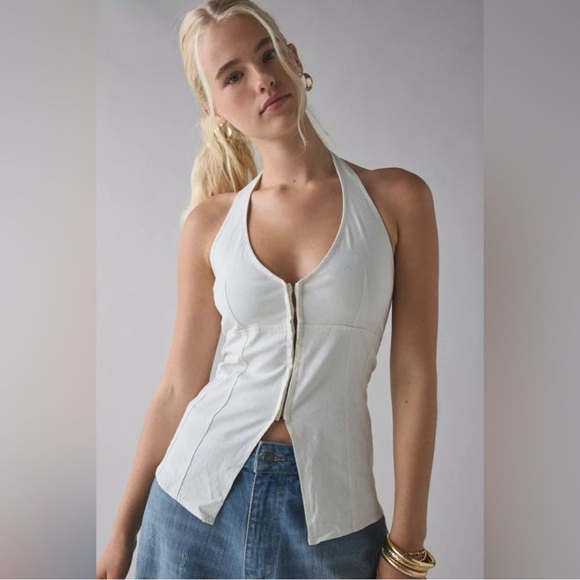 Urban Outfitters Sari Seamed Vest Halter Tank Top Linen Y2K Cream White NWT Sz L - Picture 1 of 9